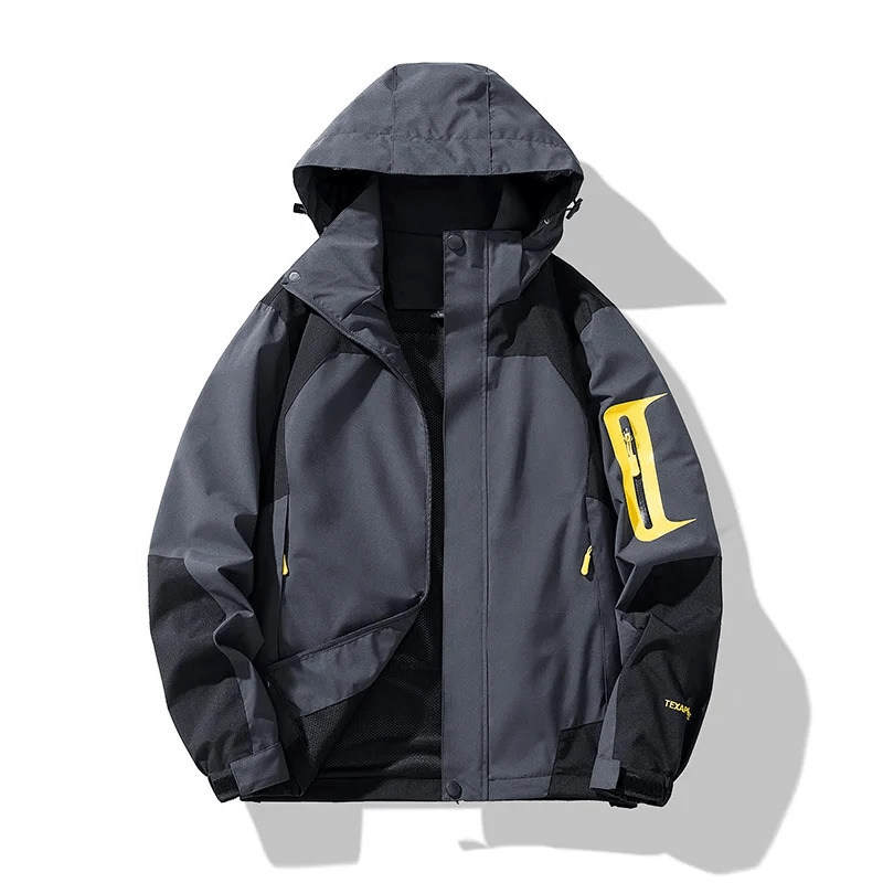 Waterproof hooded outdoor jacket for hiking, featuring a snug collar, zipper closure, waterproof polyester, and secure pockets. Ideal menswear.